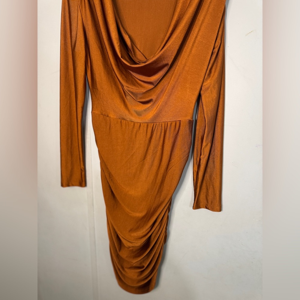 SHEIN Brown Ruched Bodycon Dress Cowl Neck Sleeveless - Picture 6 of 7